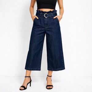 Express Paperbag Waist Cropped Wide Leg Jeans Dark Wash Super High Rise 4